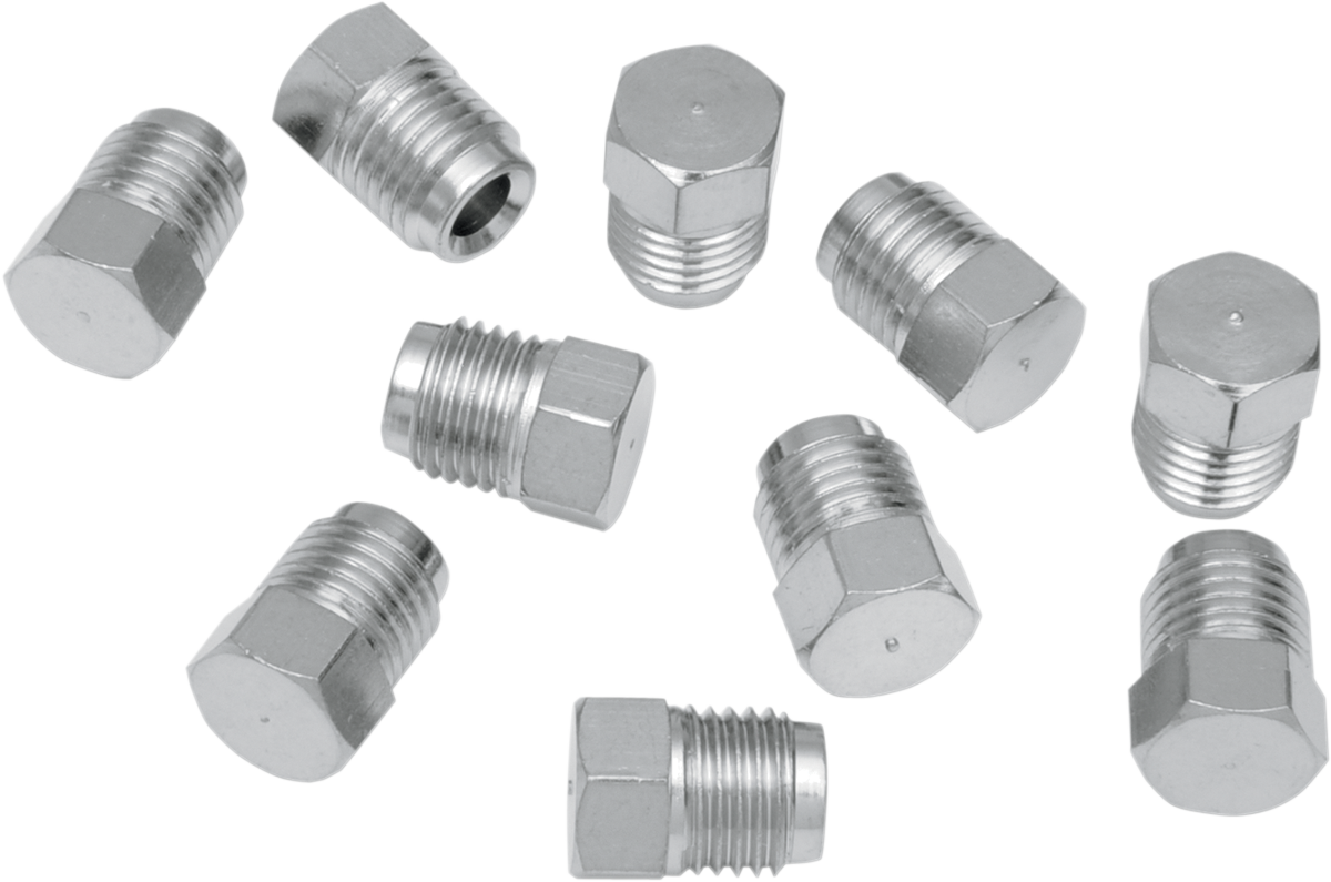 Drag Specialties brake line T-junction plugs for custom motorcycle brake lines, shown in black plastic with fitting details.