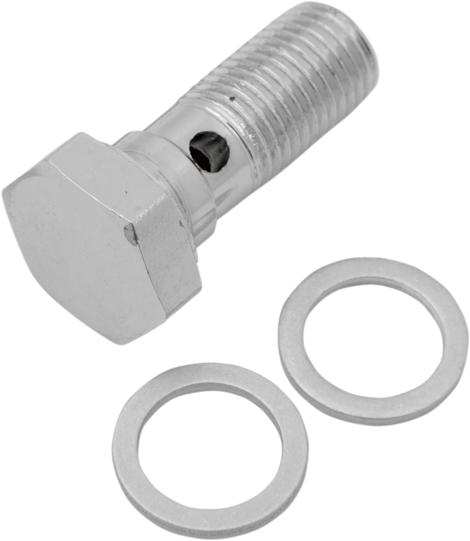 Drag Specialties 3/8-24 banjo bolt for universal brake lines, made of durable metal, with detailed threading and compact design.