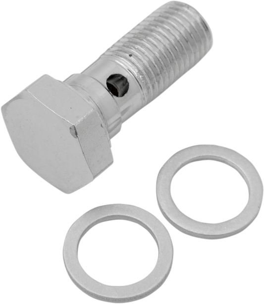 Drag Specialties 3/8-24 banjo bolt for universal brake lines, made of durable metal, with detailed threading and compact design.