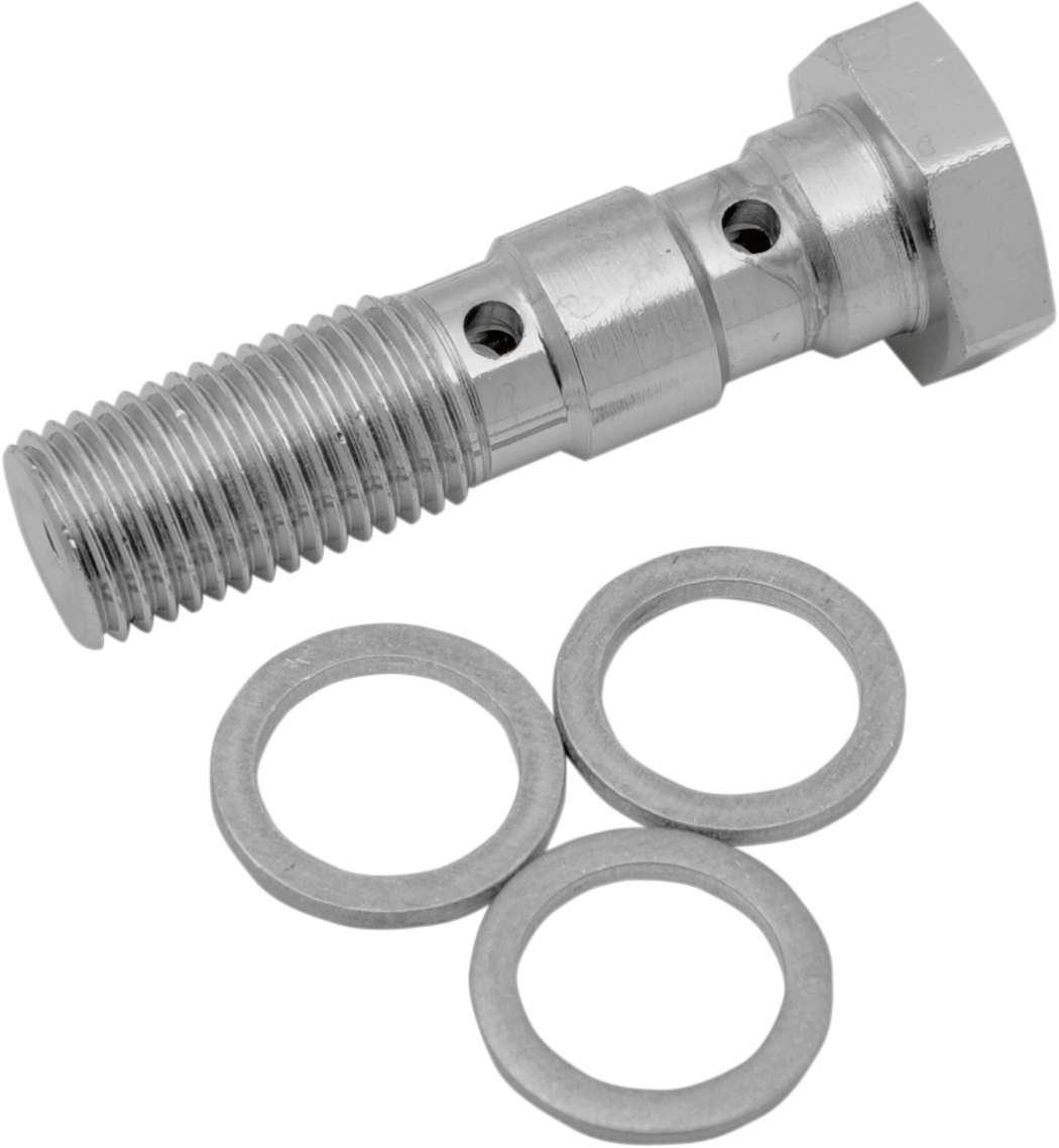Drag Specialties 3/8-24 banjo bolt for universal brake lines, dual 117, used on motorcycle brake systems.