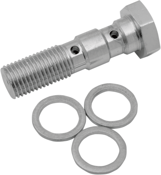 Drag Specialties 3/8-24 banjo bolt for universal brake lines, dual 117, used on motorcycle brake systems.