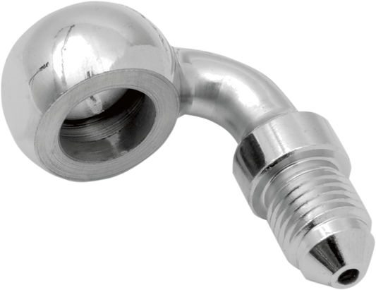 DRAG SPECIALTIES 3/8 inch 90-degree banjo fitting for motorcycle brake lines, metal with threaded connection.