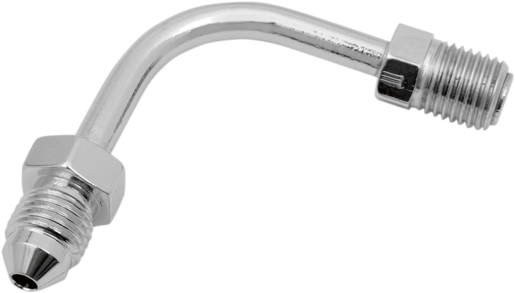 Drag Specialties #3 male fitting, 3/8-24 inverted flare, 90° short bend, for motorcycle brake and fuel lines, in polished metal finish.