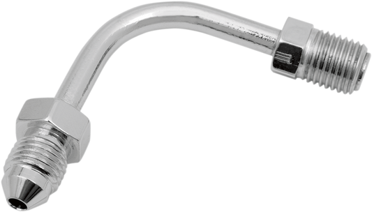Drag Specialties #3 male fitting, 3/8-24 inverted flare, 90° short bend, for motorcycle brake and fuel lines, in polished metal finish.
