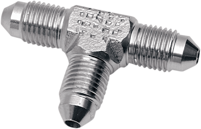 Drag Specialties #3 Male Fitting Tee Adapter 298 for motorcycle fuel and brake lines, shown in a close-up image.
