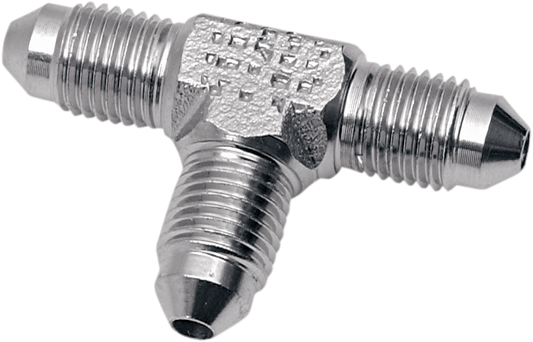 Drag Specialties #3 Male Fitting Tee Adapter 298 for motorcycle fuel and brake lines, shown in a close-up image.