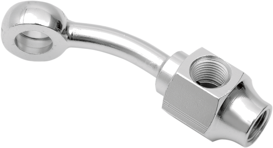 Drag Specialties banjo fitting 3/8" x 1/8" NPT with 35° angle, made for motorcycle brake and fuel lines.