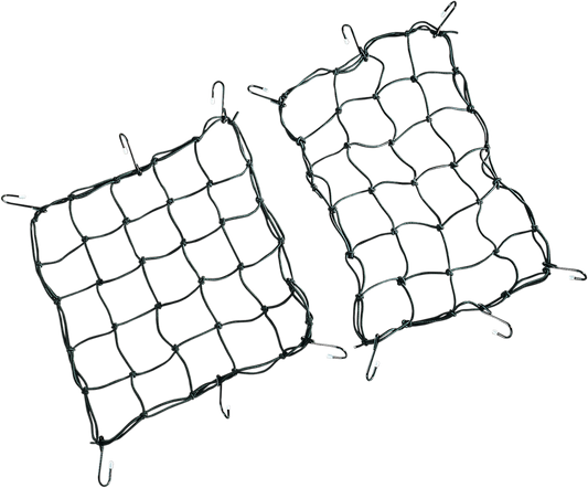 Black Drag Specialties cargo net with six hooks, measuring 12x17 inches, designed for secure motorcycle or vehicle cargo tying.