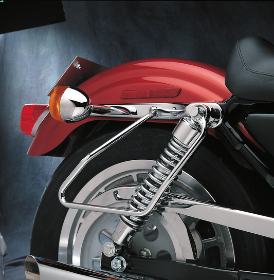 Drag Specialties saddlebag support for Harley XL 1994-2003, black metal mounting bracket for secure saddlebag attachment.