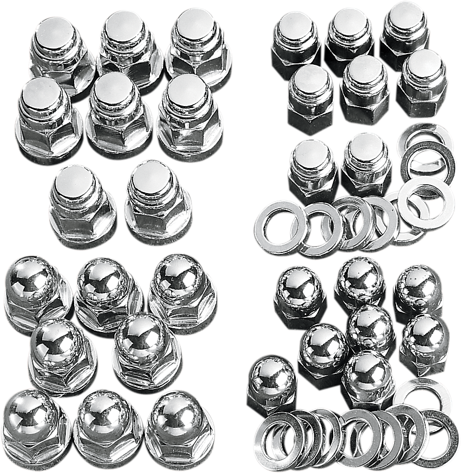 DRAG SPECIALTIES Acorn Nut Set with cylinder base, motorcycle hardware, shiny metal finish for secure fitting and style.