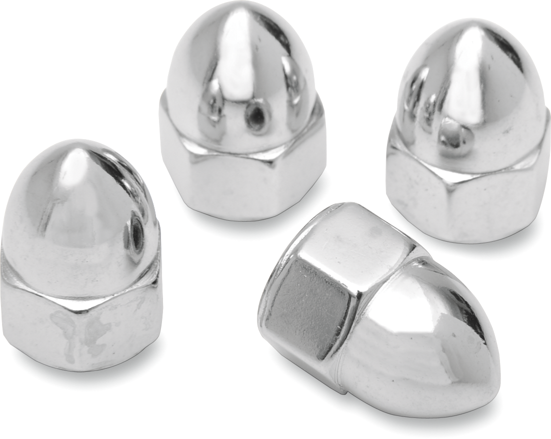 Chrome acorn nut for motorcycle handlebars, 7/16-20 SAE size, by Drag Specialties, shown on a black background.