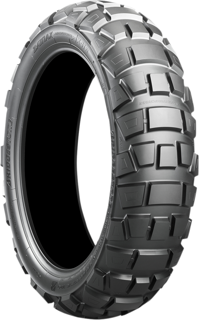 Rear Bridgestone Battlax Adventurecross AX41 motorcycle tire with 150/70B17 size and 69Q load index, featuring rugged tread for adventure riding.
