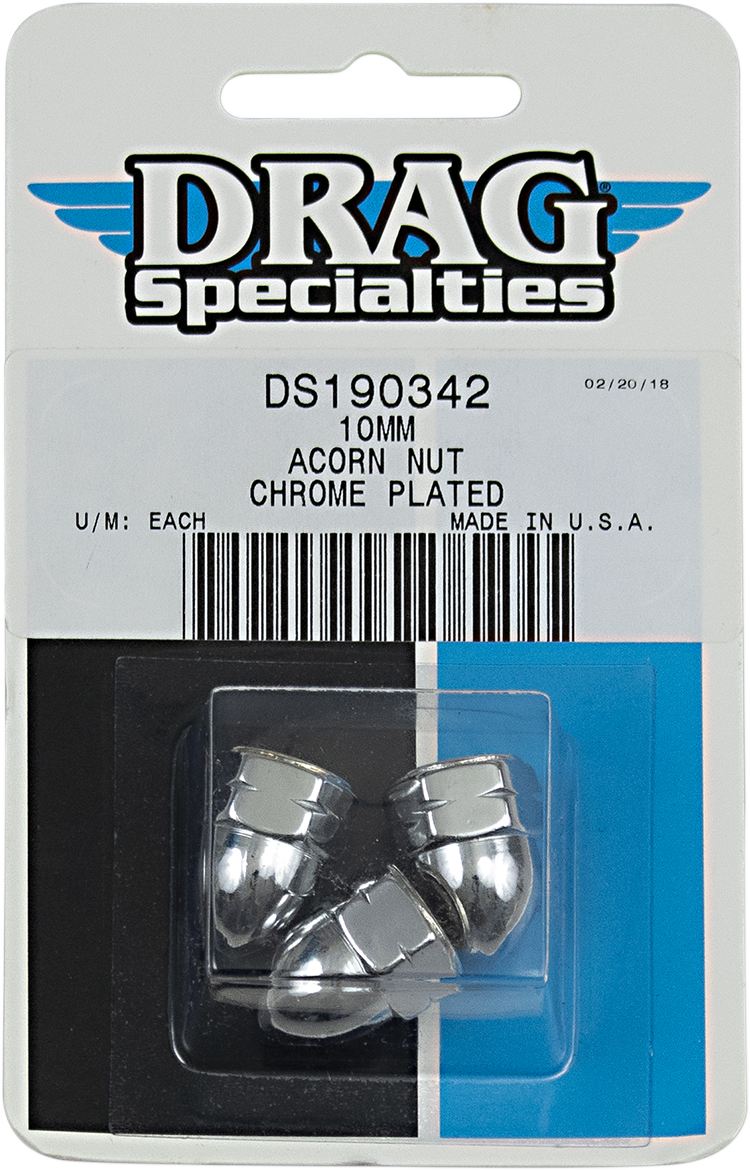 DRAG SPECIALTIES MBP1210 acorn nut, 10 mm size, used for motorcycle maintenance, shown in a close-up image.