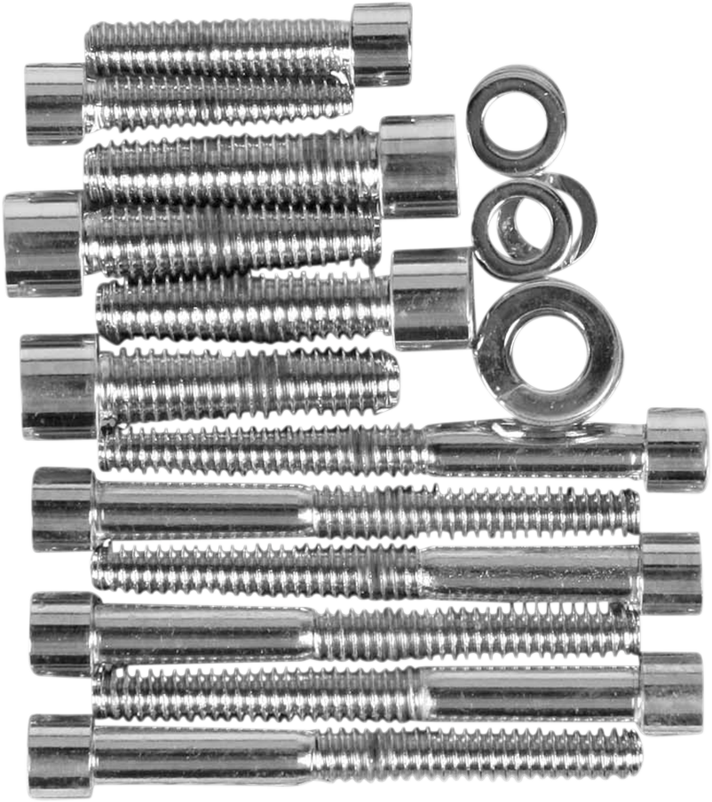 Drag Specialties MK344S transmission side cover bolt set for Harley-Davidson motorcycles, featuring multiple silver bolts on a black background.