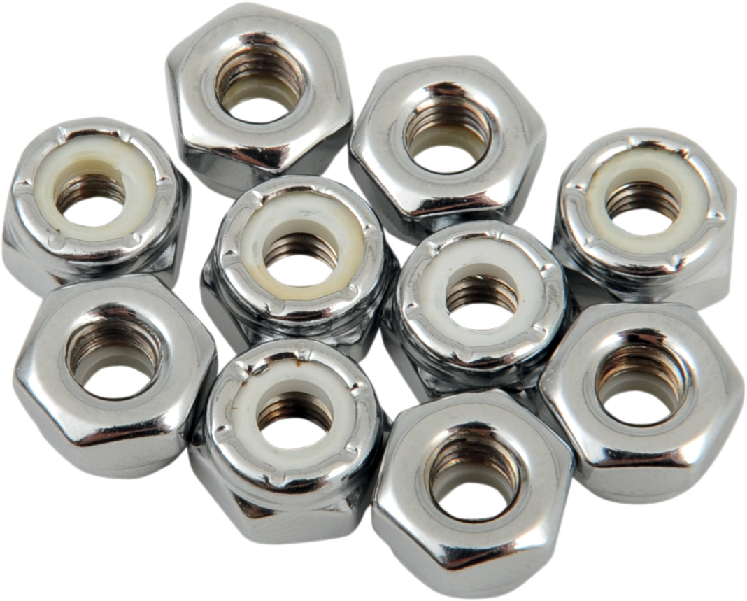 Nylon chrome insert nuts from DRAG SPECIALTIES, part MPB272, shown in a close-up image with shiny chrome finish and threaded interior.