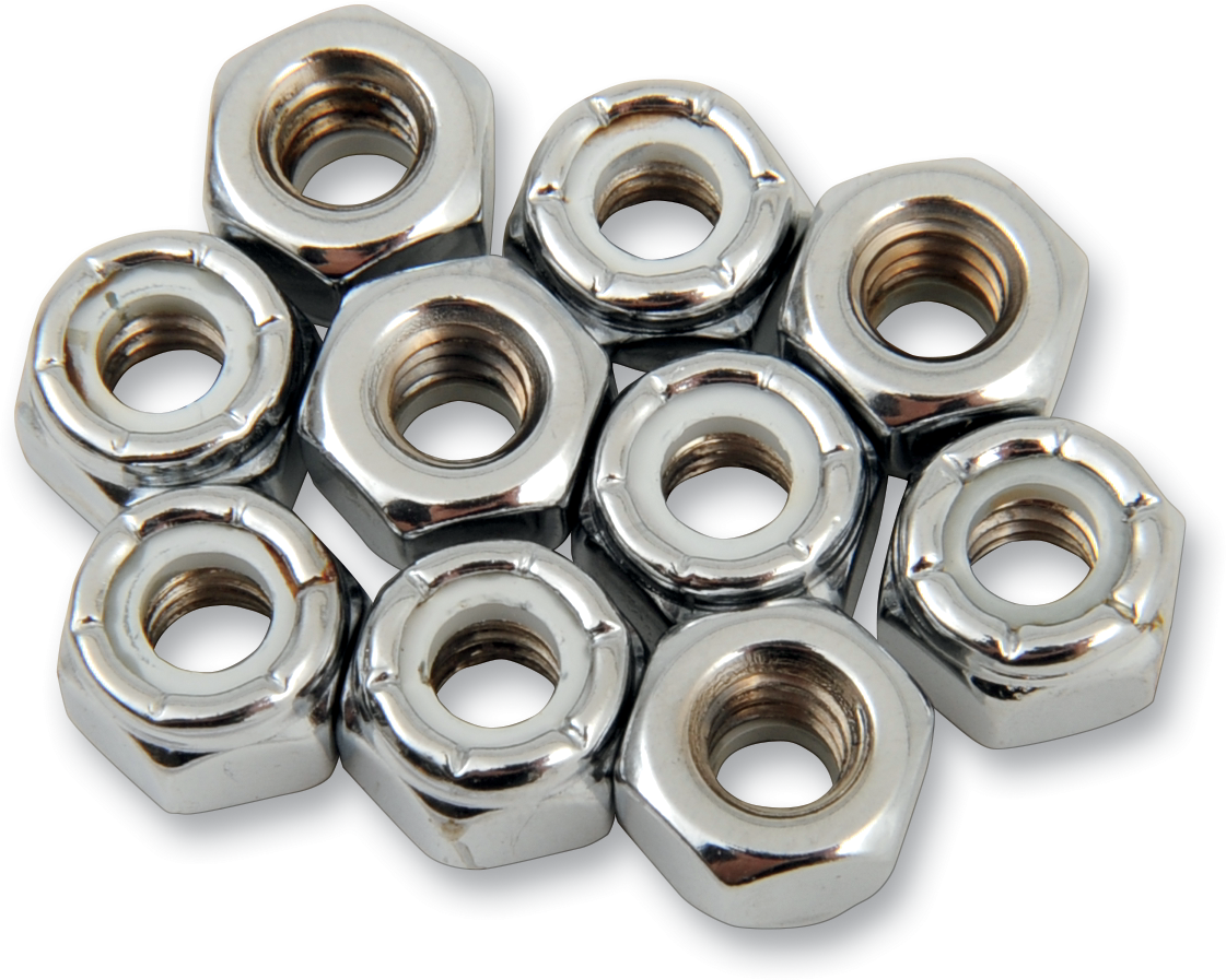 Nylon chrome insert nuts with 1/4"-20 threads, designed for motorcycle parts by DRAG SPECIALTIES, shown in the image.