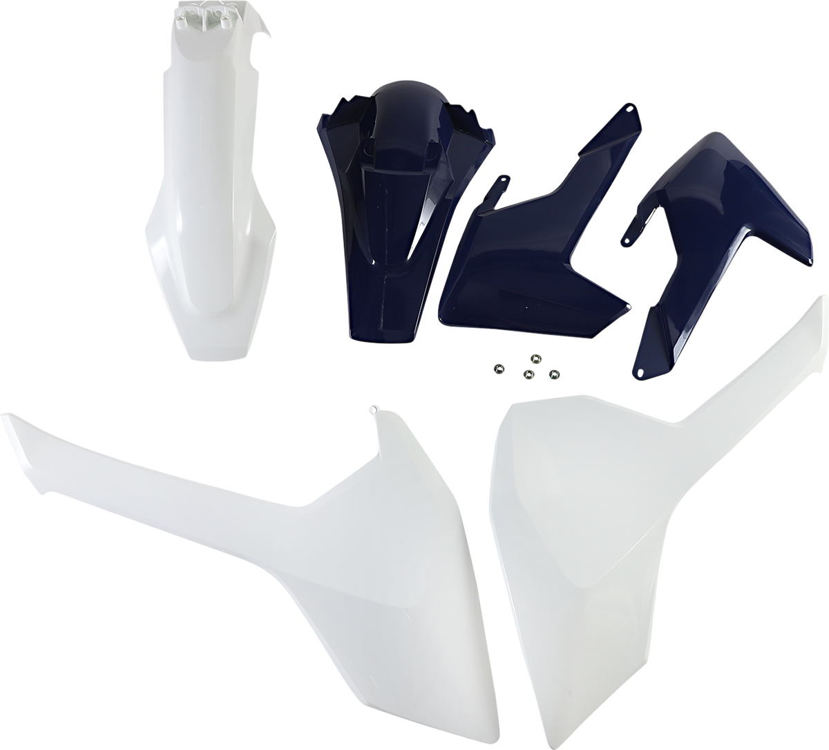 Acerbis OEM 2016 standard replacement body kit for motorcycles, shown on a black background with metal parts and assembly details.