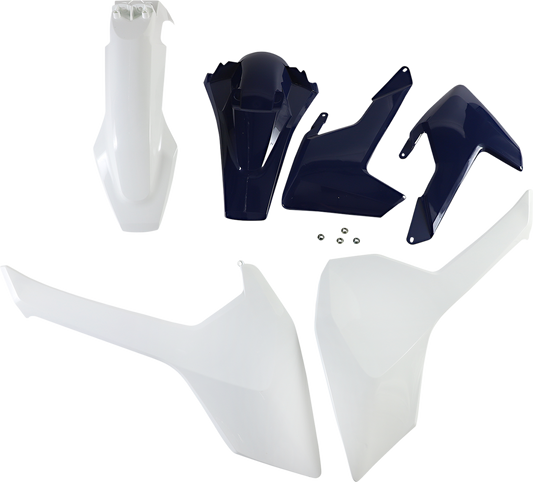Acerbis OEM 2016 standard replacement body kit for motorcycles, shown on a black background with metal parts and assembly details.