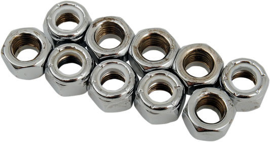 Nylon chrome insert nuts, 5/16"-24 size, from DRAG SPECIALTIES, shown in close-up with shiny chrome finish and threading details.