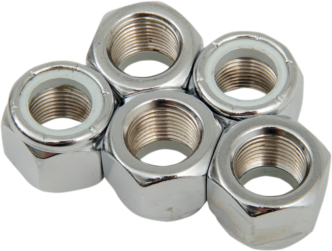 Nylon chrome insert nuts for motorcycle parts, 5/8-inch-18 size, by Drag Specialties, shown in close-up image.