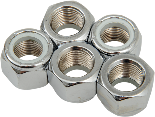 Nylon chrome insert nuts for motorcycle parts, 5/8-inch-18 size, by Drag Specialties, shown in close-up image.