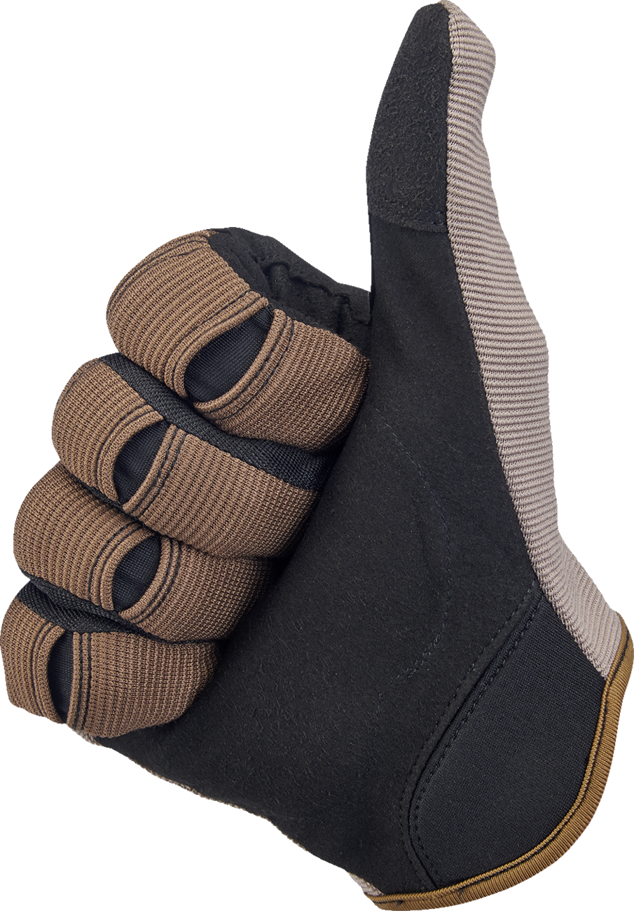 BILTWELL Moto Gloves in Coyote and Black, 2XL size, featuring durable leather construction with reinforced knuckles for motorcycle riding.