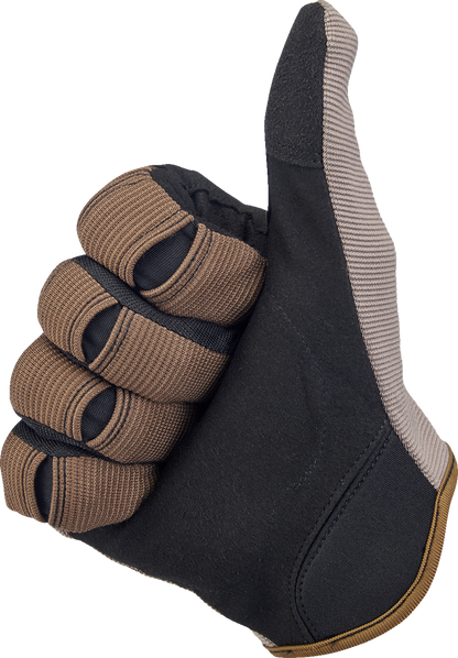 BILTWELL Moto Gloves in Coyote and Black, XL size, made of durable material with reinforced fingertips and adjustable wrist strap.