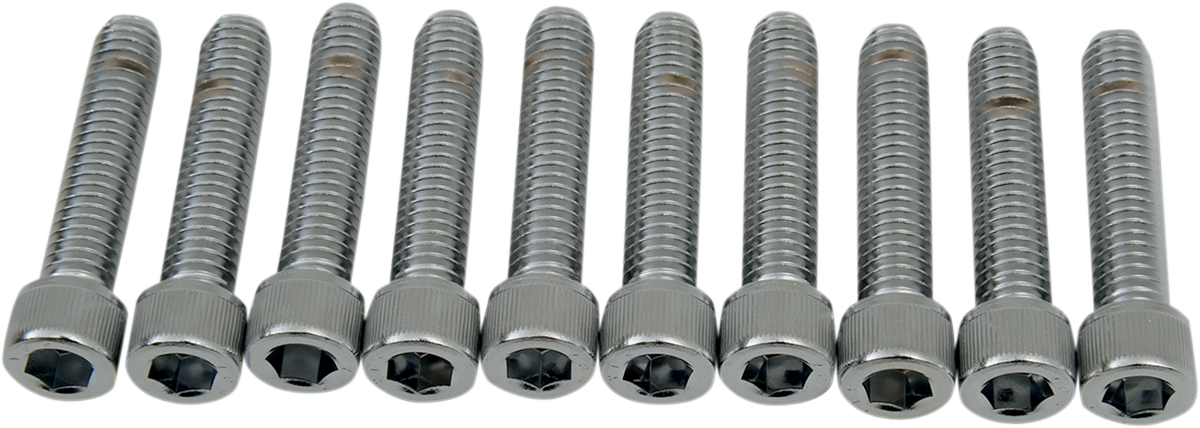 Close-up of DRAG SPECIALTIES MPB219 coarse-thread socket-head bolts, 5/16-18 x 1-1/2 inch, showing the bolt’s threading and head.