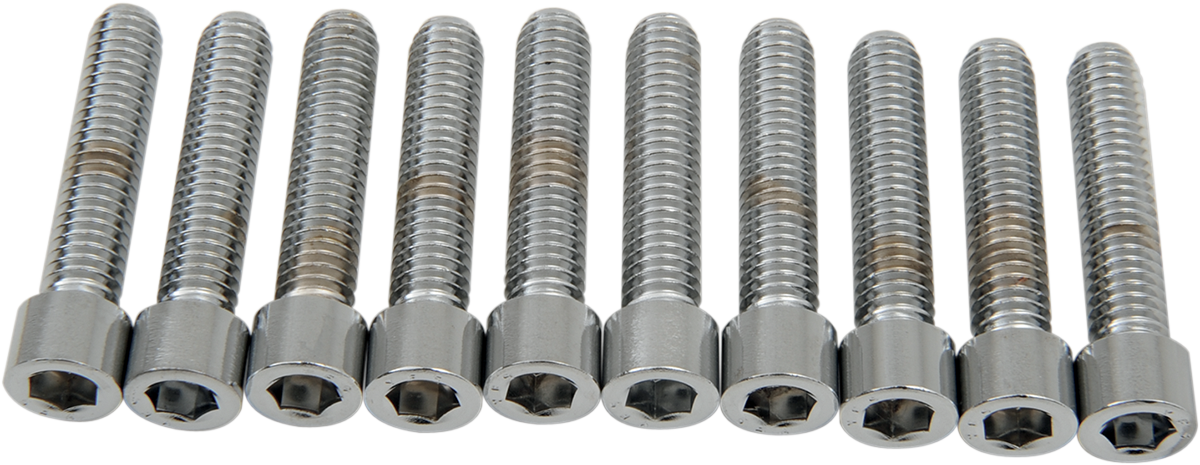 Coarse thread socket-head bolt by Drag Specialties, 5/16-18 x 1-1/2 inches, made in USA, showing the bolt's head and threads.