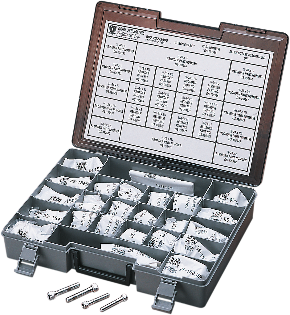 Set of DRAG SPECIALTIES MK203 fine thread socket-head bolts in various sizes, ideal for motorcycle repairs and custom builds.