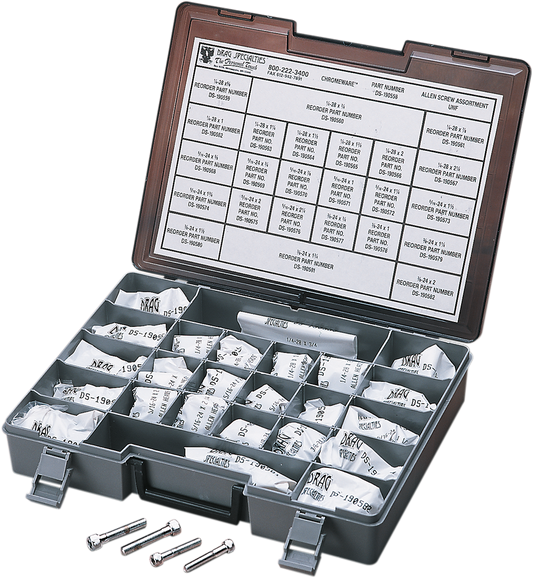Set of DRAG SPECIALTIES MK203 fine thread socket-head bolts in various sizes, ideal for motorcycle repairs and custom builds.