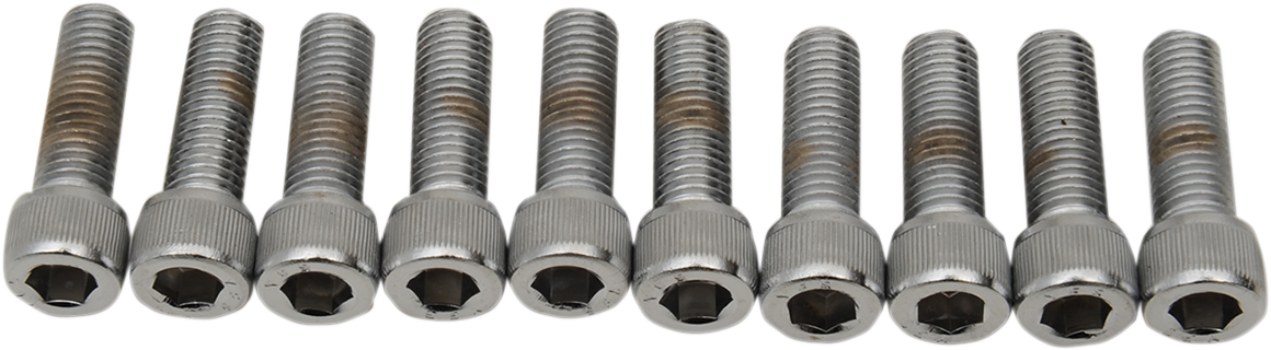 Set of ten 1/4"-28 x 1" fine thread socket-head bolts from Drag Specialties MPB212 Replacement Bolt Pack, ideal for motorcycle repairs.