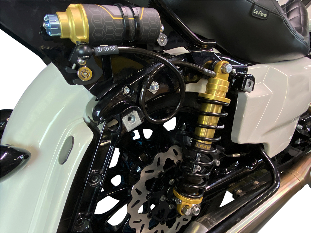 Legend Suspension Revo ARC remote reservoir shocks for motorcycles, 13-inch heavy-duty gold shocks with part number 1310-1907.