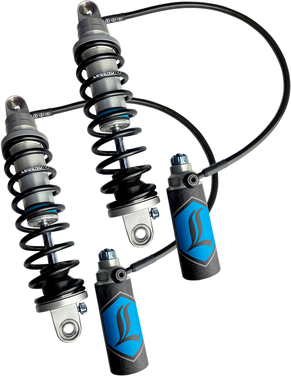 Legend Suspension Revo ARC remote reservoir shocks with clear finish, designed for heavy-duty 13-inch suspension applications.