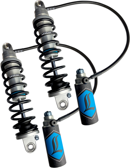 Legend Suspension Revo ARC remote reservoir shocks with clear finish, designed for heavy-duty 13-inch suspension applications.
