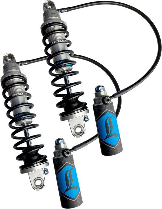 Legend Suspension Revo ARC remote reservoir shocks with clear finish, designed for heavy-duty 13-inch suspension applications.