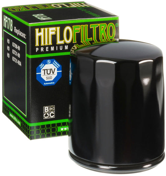HIFLOFILTRO HF171B motorcycle oil filter showing the cylindrical filter element with metal end caps and filter media