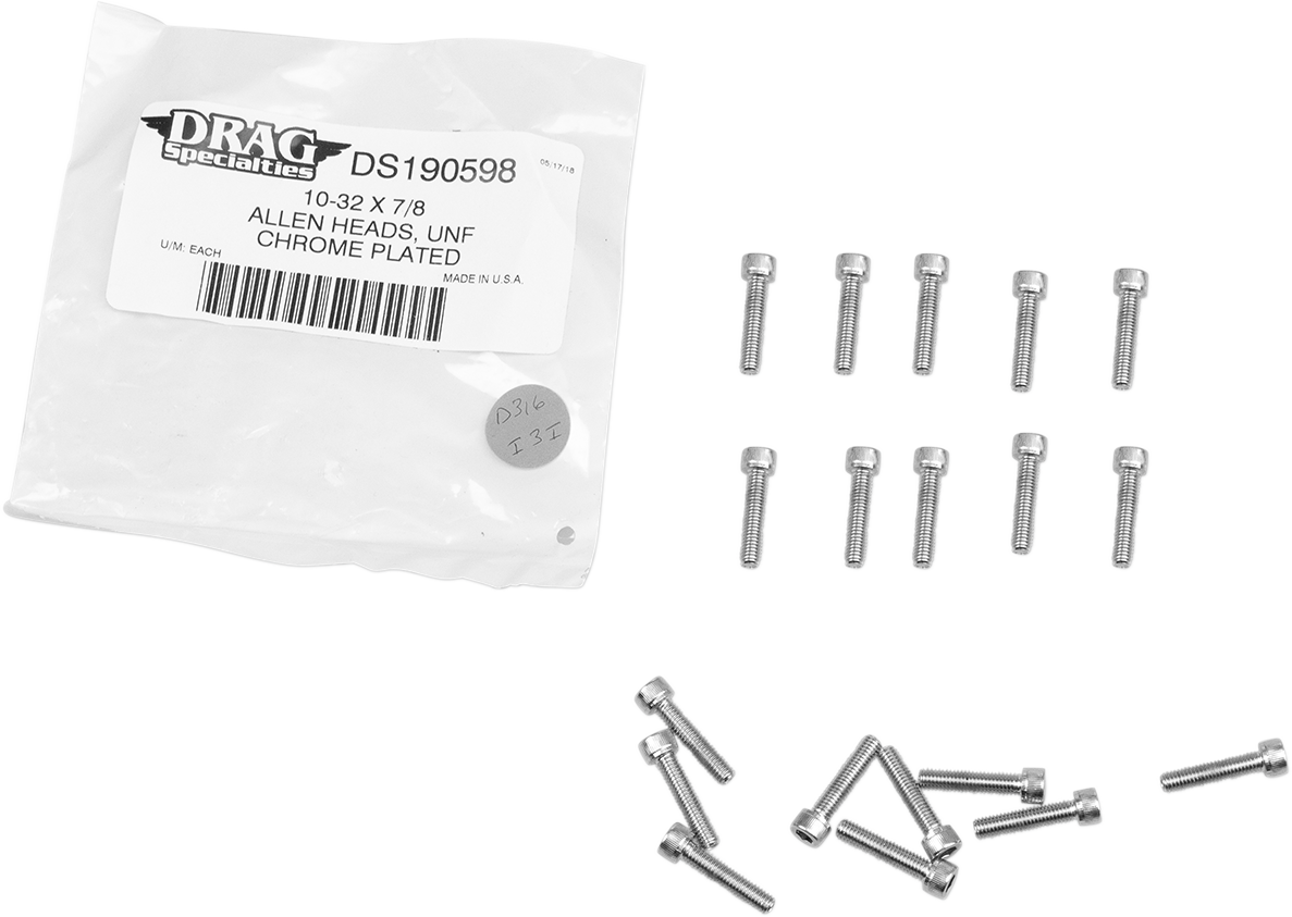 Pack of 10 DRAG SPECIALTIES MPB203 replacement socket-head bolts with knurled fine thread, #10-32 x 7/8 inch.