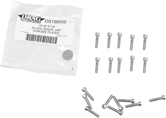 Pack of 10 DRAG SPECIALTIES MPB203 replacement socket-head bolts with knurled fine thread, #10-32 x 7/8 inch.