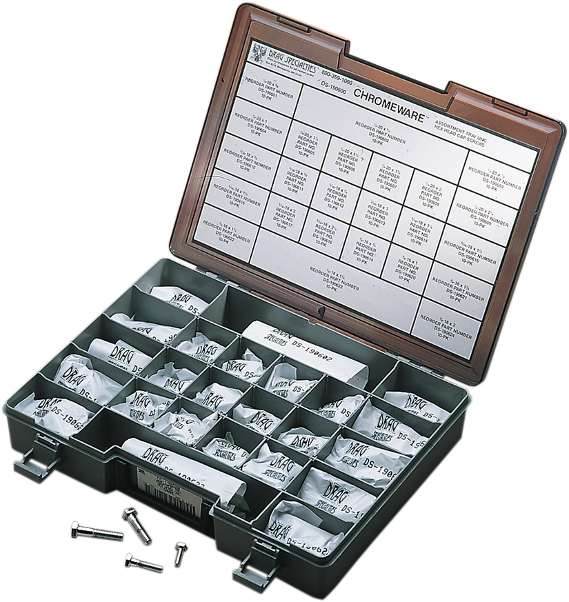 DRAG SPECIALTIES head bolt assortment kit with heat-treated chrome finish, coarse-thread hex head bolts for motorcycle engine assembly.
