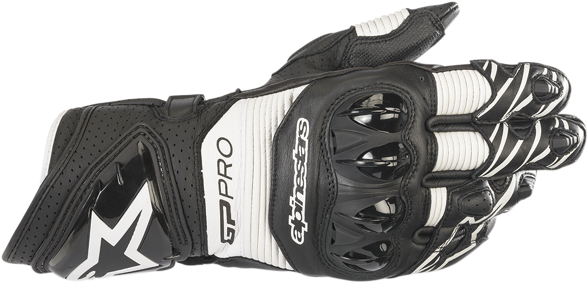 Black and white ALPINESTARS GP Pro RS3 motorcycle gloves in large size, showcasing reinforced knuckles and textured palm design.