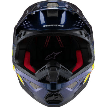 Alpinestars Supertech M10 helmet TLD Edition 25 in gloss dark blue, orange, yellow, and fluo red, XS size, shown from front view.