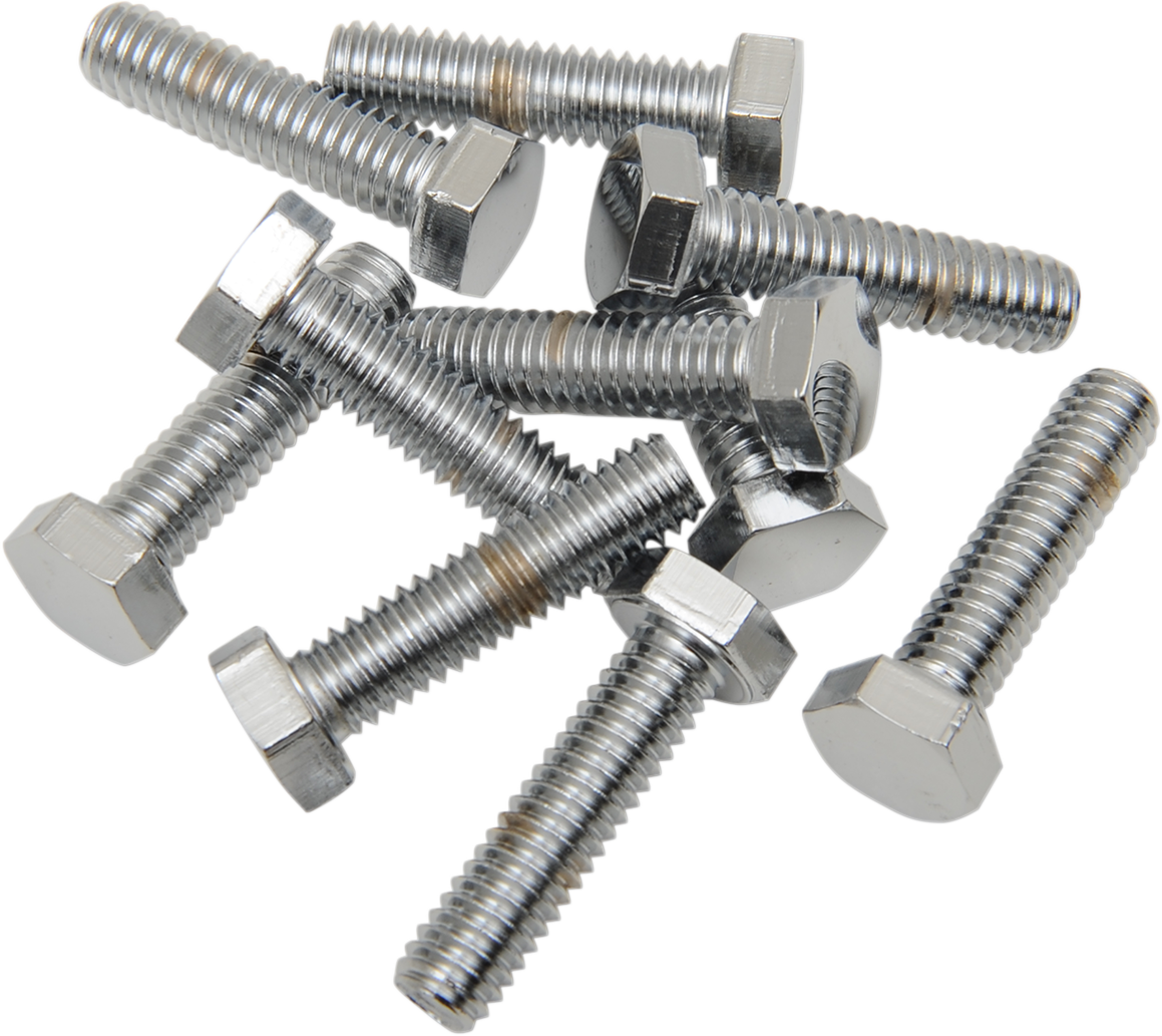 Chrome Hex-Head Bolts by DRAG SPECIALTIES, 5/16" x 1" size, shown in a replacement pack for motorcycle parts.