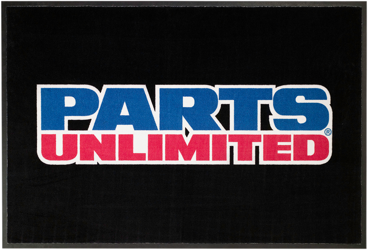 Parts Unlimited 48x72-inch floor mat with three-color logo, durable rubber surface for motorcycle shops or garages.
