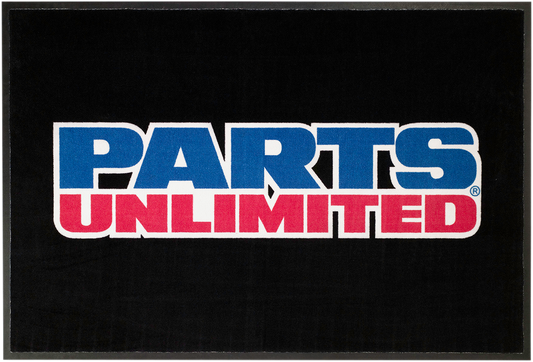 Parts Unlimited 48x72-inch floor mat with three-color logo, durable rubber surface for motorcycle shops or garages.