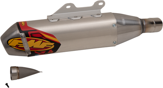 FMF PowerCore 4 HEX muffler for high-performance motorcycle exhaust system, showcasing durable metal construction and sleek design.