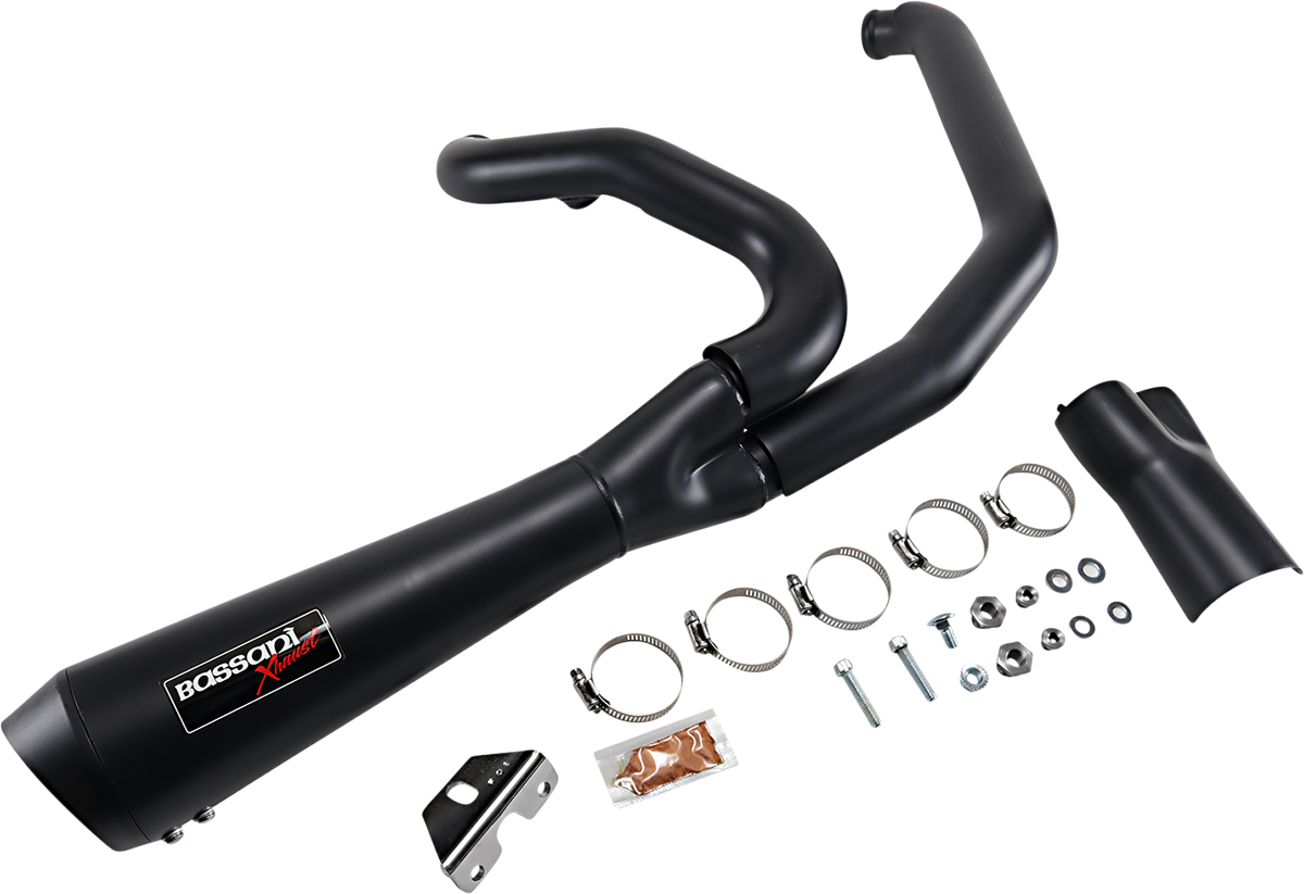 Black Bassani Xhaust Short 2:1 exhaust for FL motorcycle, featuring sleek design and polished finish, part #1F42RB.