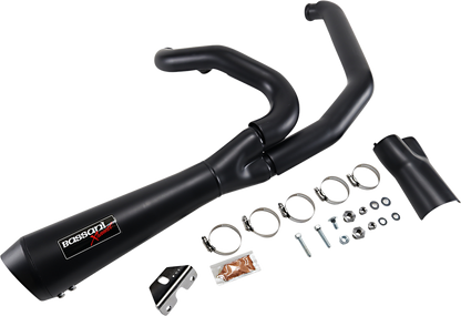 Black Bassani Xhaust Short 2:1 exhaust for FL motorcycle, featuring sleek design and polished finish, part #1F42RB.