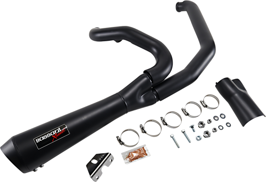 Black Bassani Xhaust Short 2:1 exhaust for FL motorcycle, featuring sleek design and polished finish, part #1F42RB.