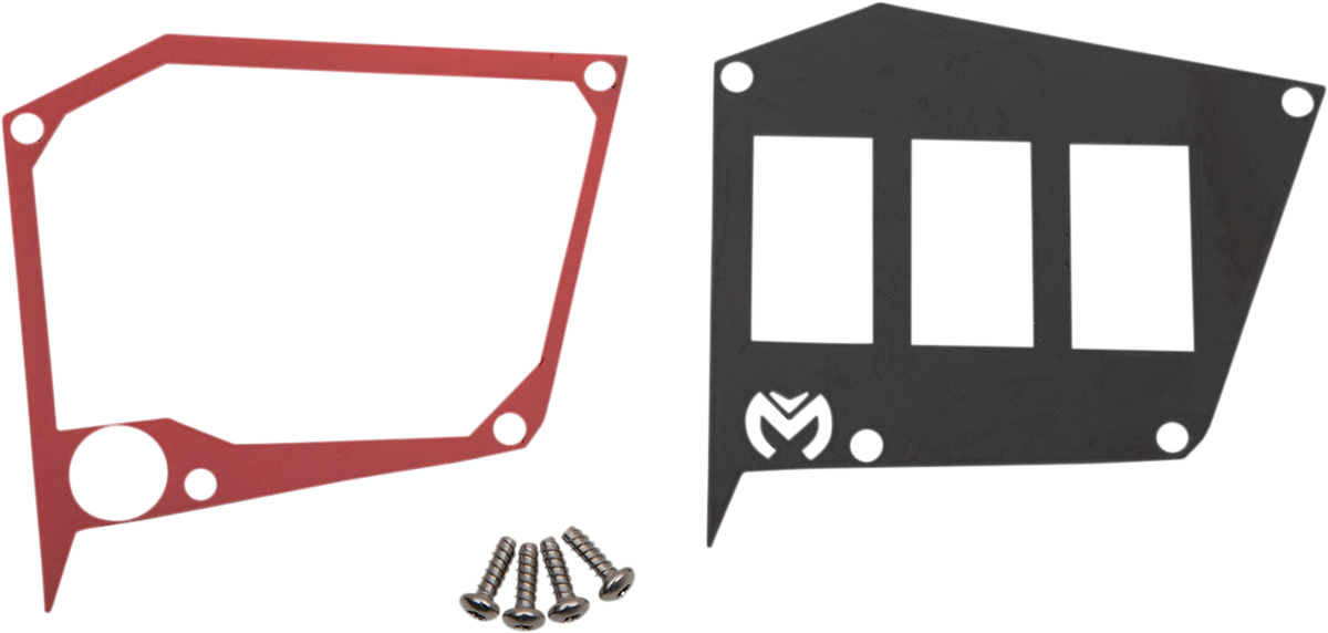 Red Moose Offroad dash plate with switch mounts for Polaris RZR, featuring a sleek design and durable construction.